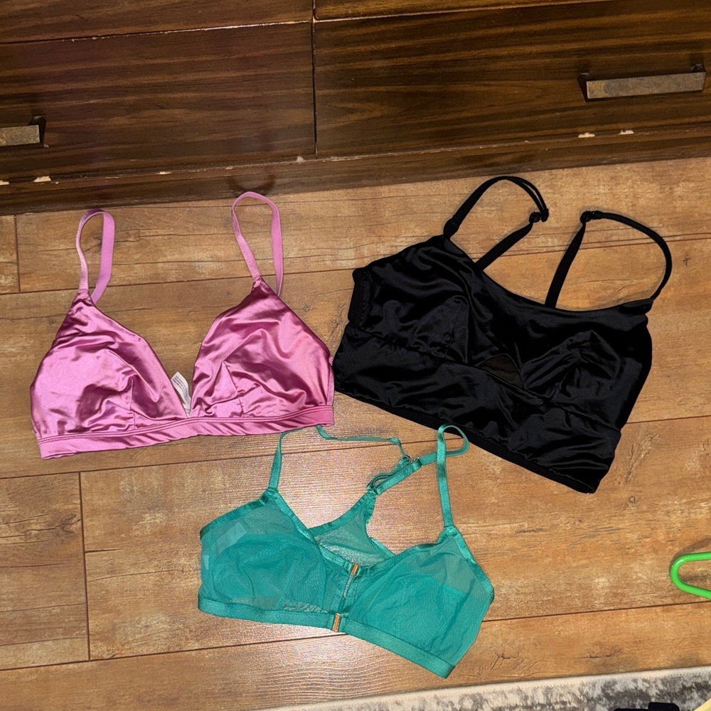 Auden Satin & Mesh Bralette Trio in Pink, Black & Teal